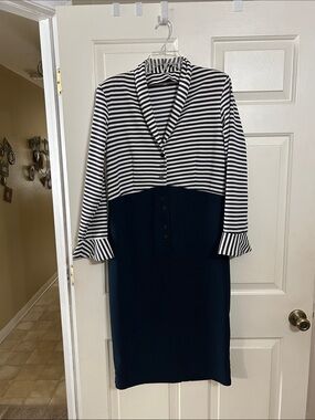 Striped Navy and White Two-Tone Sheath Dress